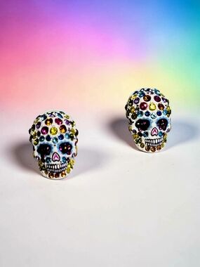 NEW Betsey Johnson Crystal Multicolor Sugar Skull Stud Earrings  New in Box